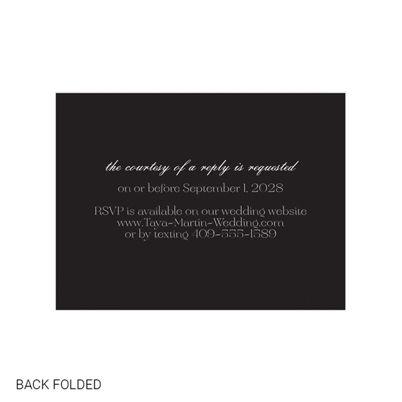 black invitation card with white text, RSVP details