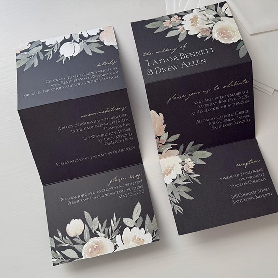 floral wedding invitation with gold text and black background