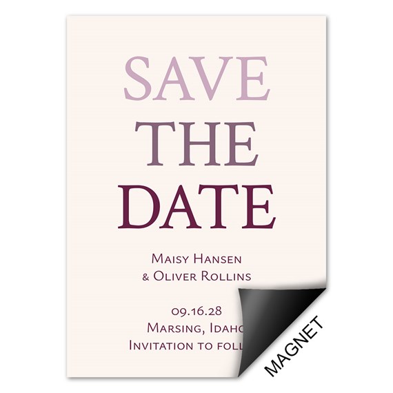 save the date magnet with purple text and curled corner