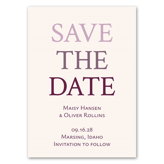 save the date magnet with purple text on beige background
