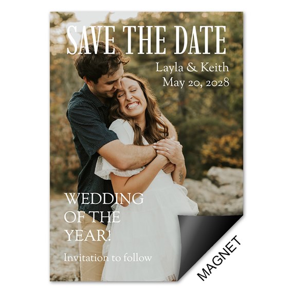 save the date magnet with couple photo and text