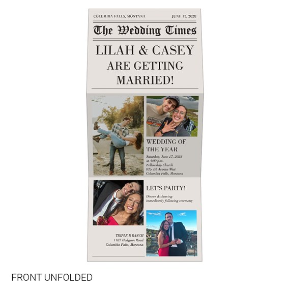 newspaper-style wedding invitation with photo placeholders