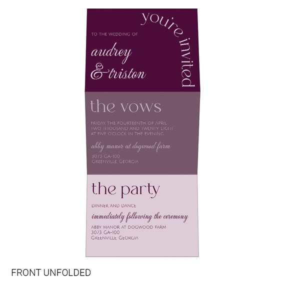 wedding invitation with tri-fold design and decorative text