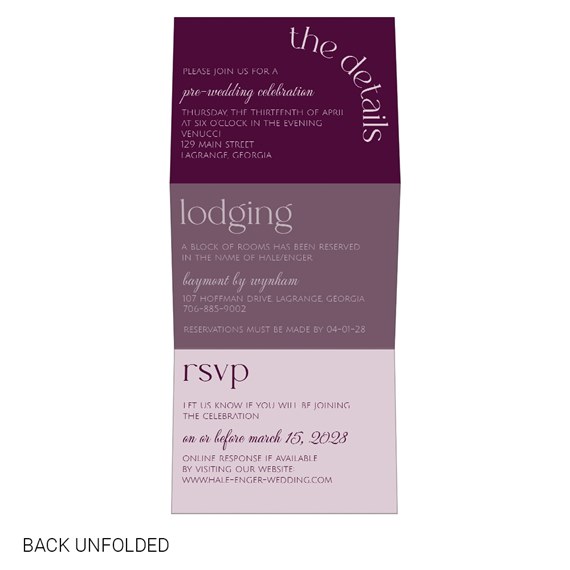 contemporary pre-wedding invitation with sections for details and RSVP