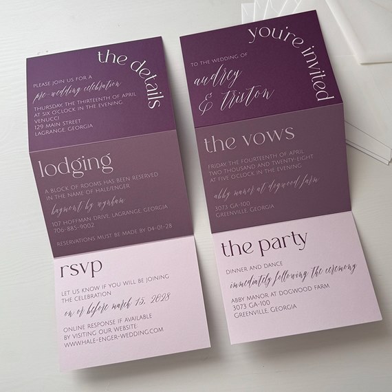 contemporary wedding invitation with sections for details and RSVP