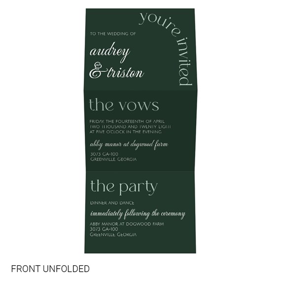 wedding invitation with dark green background and white text