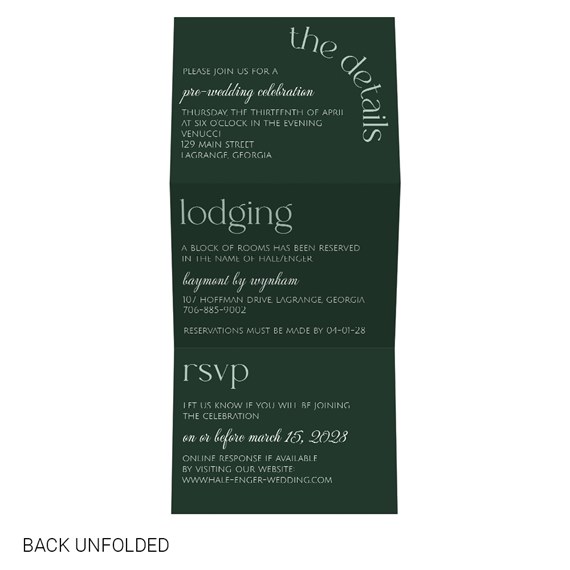 green invitation with text for pre-wedding celebration, lodging, and RSVP details