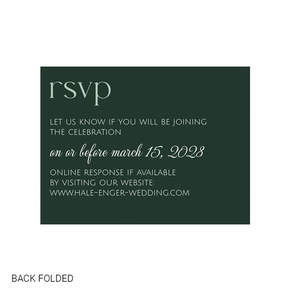 dark green RSVP card with white text