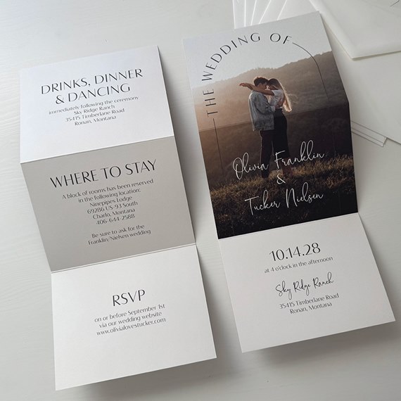 wedding invitation with photo placeholder, RSVP, and accommodation details