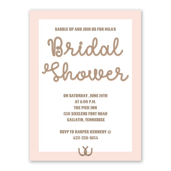 bridal shower invitation with rope lettering and horseshoe design