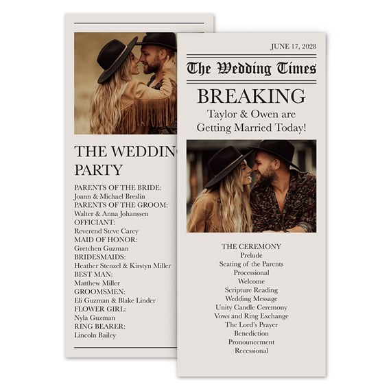 wedding program with customizable text area and photo placeholder