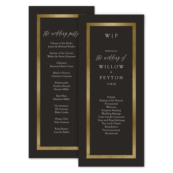 wedding program with gold border and photo placeholder