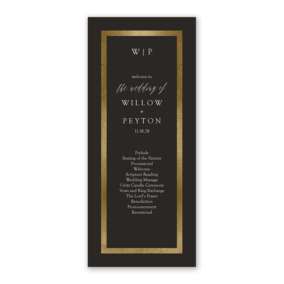 wedding program with gold border and text