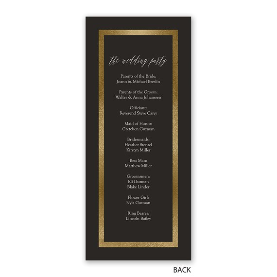 wedding program with gold border and text listing wedding party