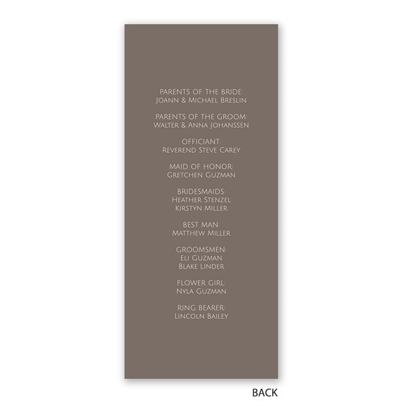 wedding program with names and roles on taupe background
