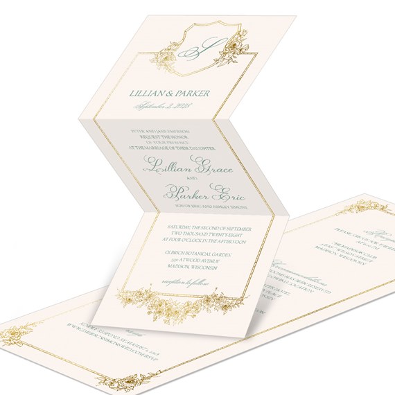 floral monogram invitation with gold accents and teal text