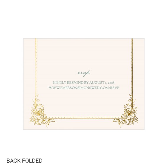 floral monogram invitation with gold border and teal text