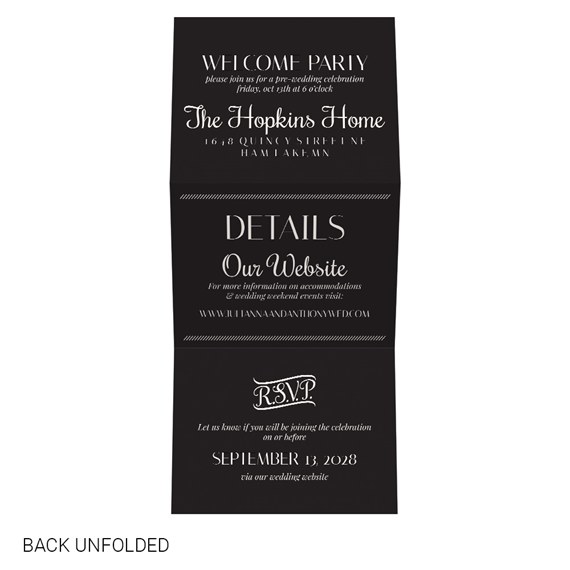 black invitation card with white text