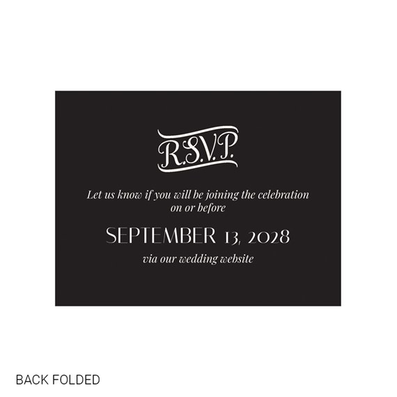 black invitation card with RSVP text and event details