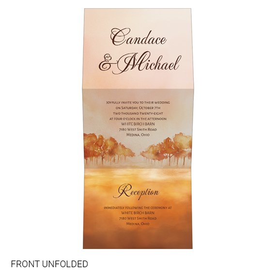 autumn wedding invitation with watercolor trees and gradient background