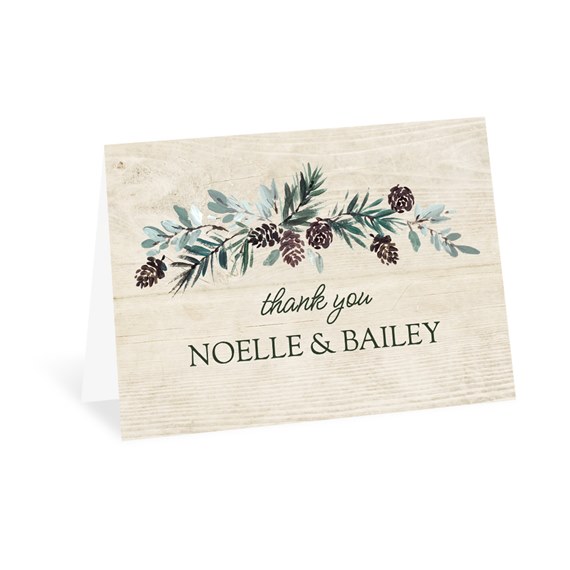 thank you card with greenery and pine cones