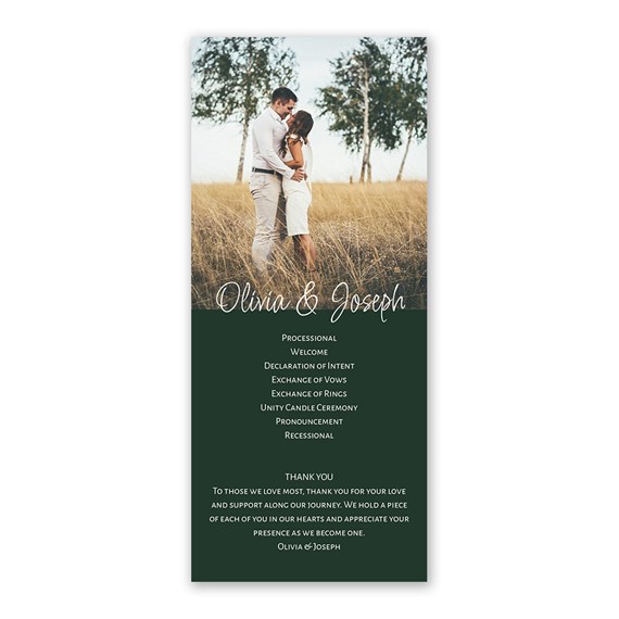 wedding program with photo area and text details