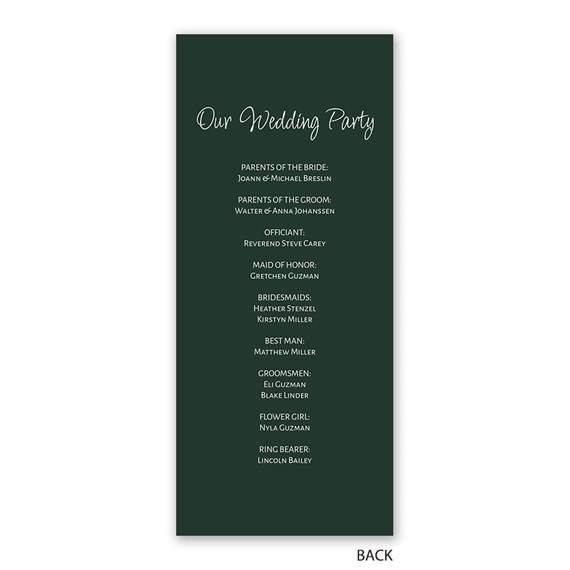 wedding program with dark green background and white text