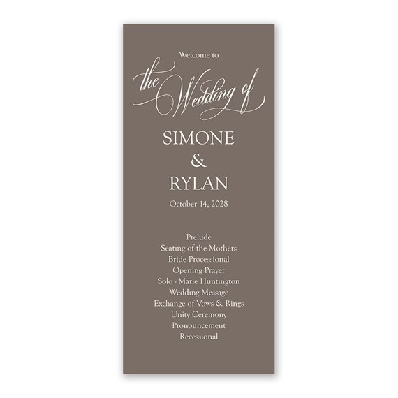 wedding program with elegant typography and ceremony details