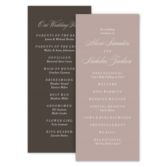 wedding program with dark brown and beige panels