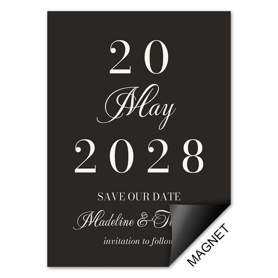 black save the date magnet with white text