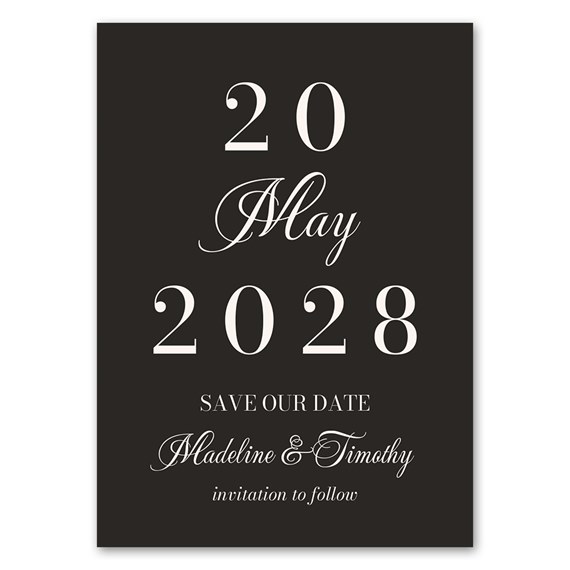 black save-the-date magnet with white text