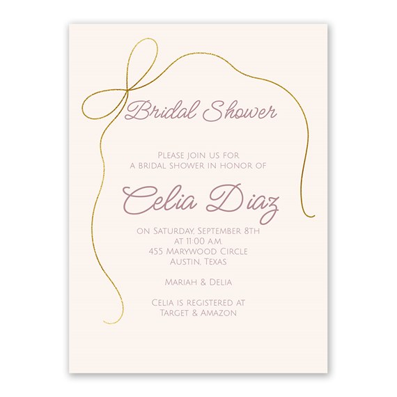 bridal shower invitation with gold bow and mauve text