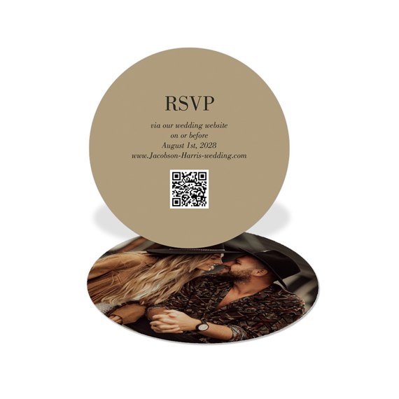 circular RSVP card with photo placeholder and QR code