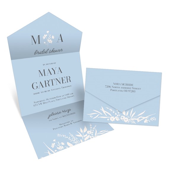 light blue bridal shower invitation with floral design and matching envelope