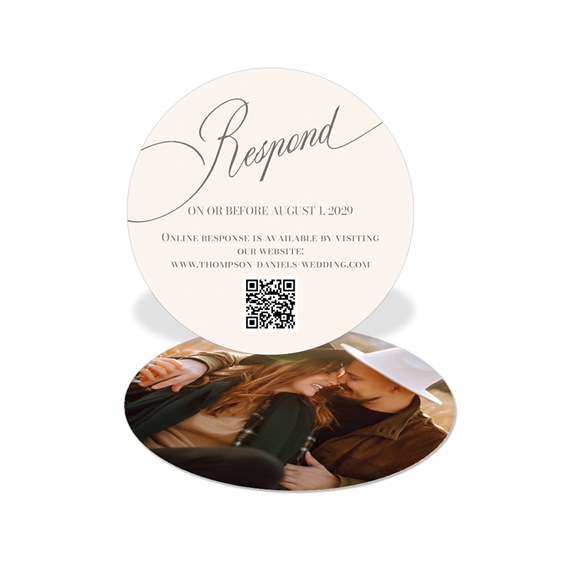 circular rsvp card with photo area and script text