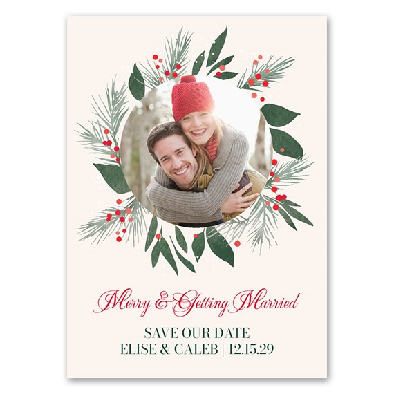 holiday save the date magnet with photo placeholder and floral design