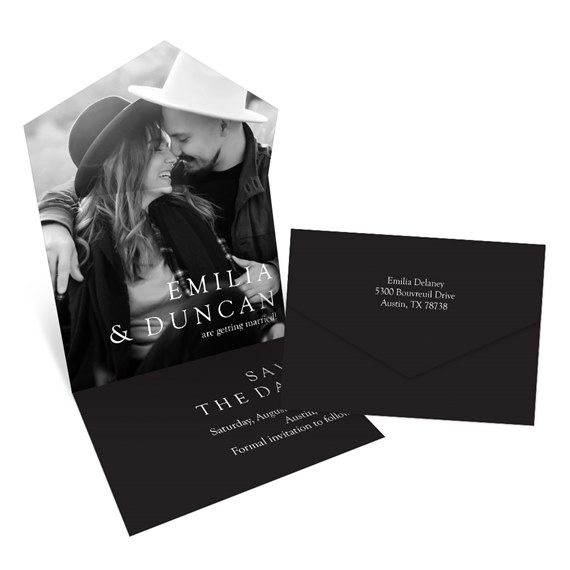 photo placeholder, black save-the-date card, black envelope