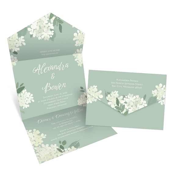 floral invitation with hydrangeas and green leaves, envelope included