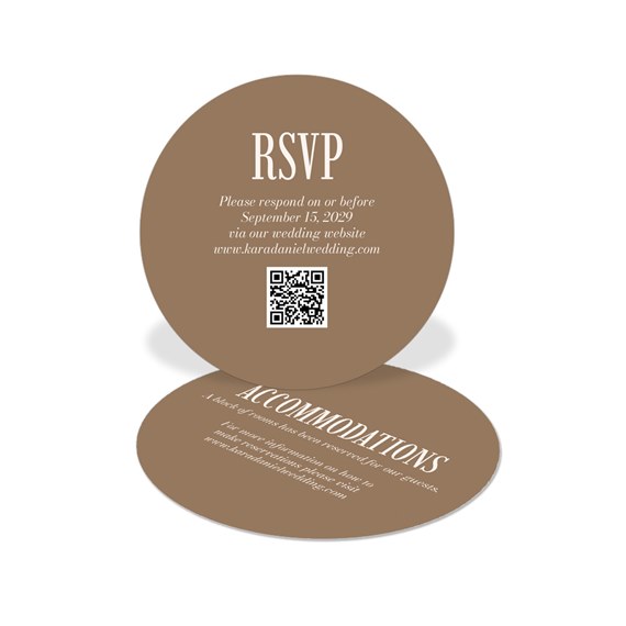 round rsvp card with brown background and white text