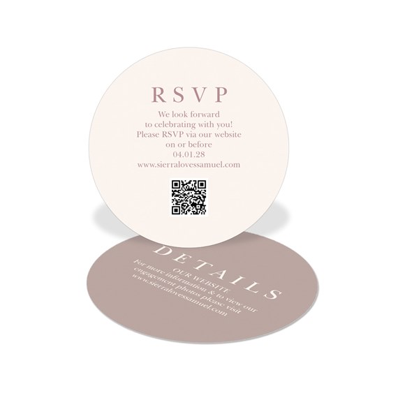 round RSVP card with QR code and website details