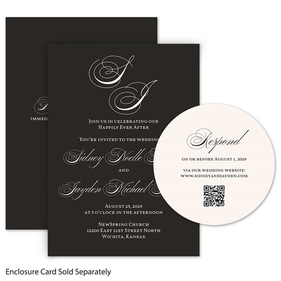 wedding invitation with RSVP card, black background, white text, photo area