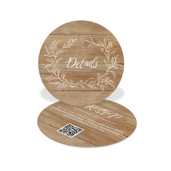 rustic circular RSVP card with floral design and QR code