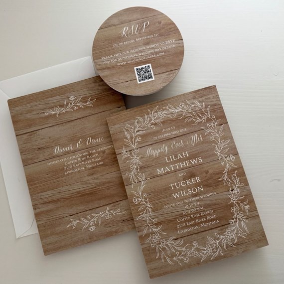 rustic wedding invitation with floral design, RSVP card