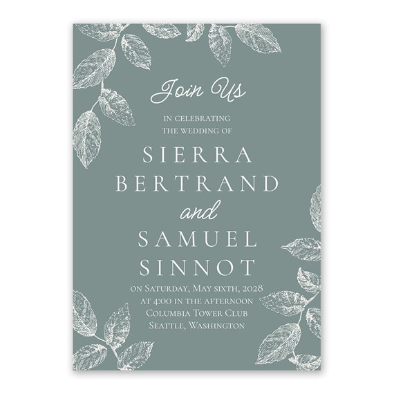 botanical wedding invitation with leaves and customizable text area