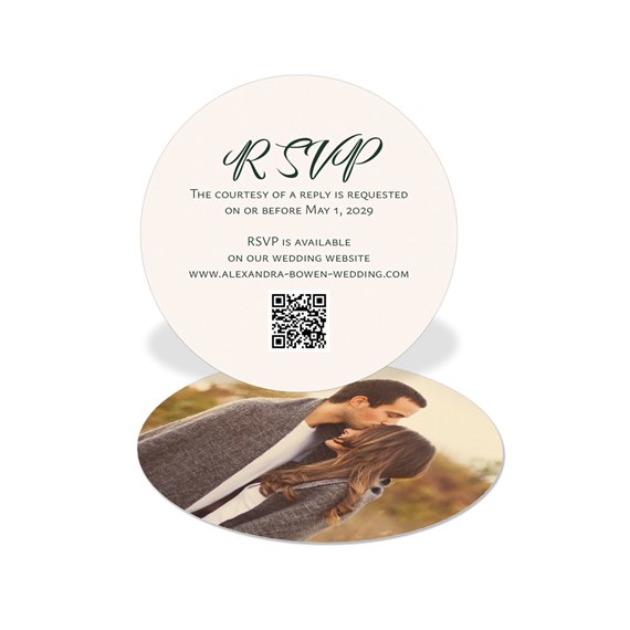 round RSVP card with photo placeholder and QR code