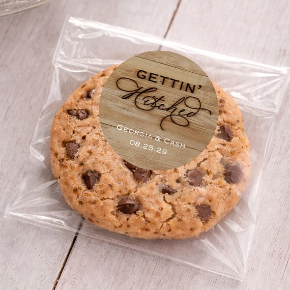 cookie in clear wrapper with round wooden texture sticker