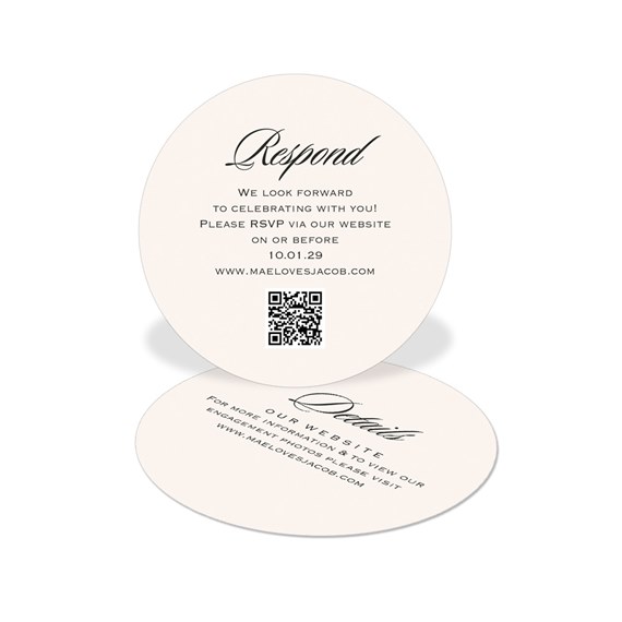 round rsvp card with decorative fonts and qr code