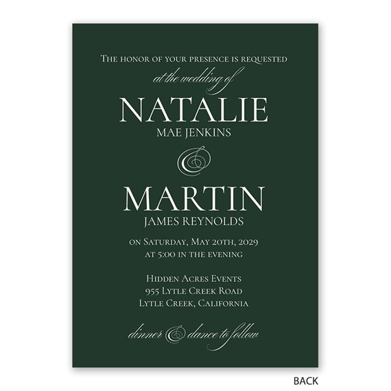 wedding invitation design with dark green background and white text