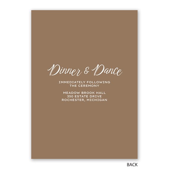 brown invitation card with white text