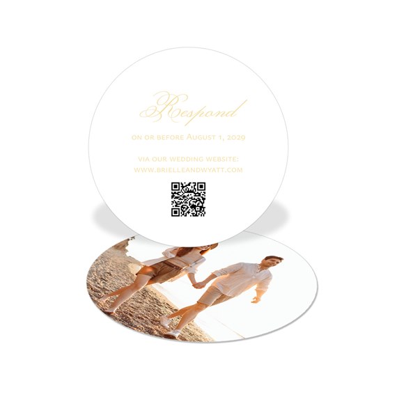oval rsvp card with photo area and gold text